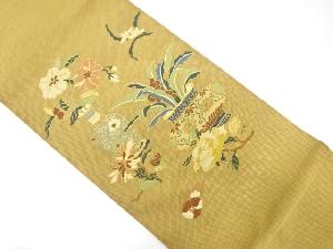 アンティーク　花瓶に菊・牡丹模様織り出し袋帯（着用可）